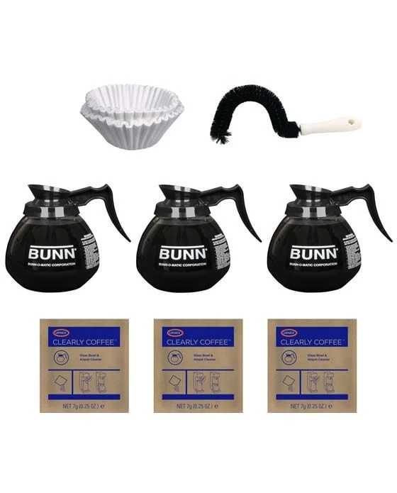 BUNN® Bunn Glass Pots (3 Pack), 100 CF12 Filters, Cleaning Brush And Urnex (3 Pack)