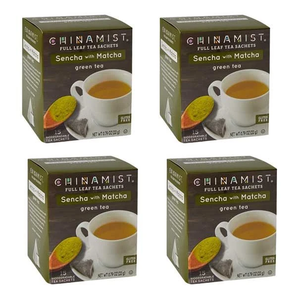 China Mist Sencha With Matcha Organic Green Full Leaf Tea Sachet, 4 Boxes 15 Count Each