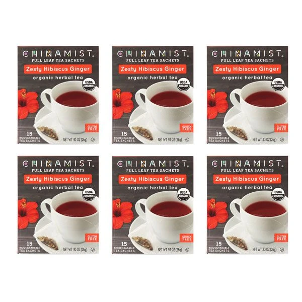 China Mist - Zesty Hibiscus Ginger Organic Black Full Leaf Tea Sachet, 6 Boxes 15 Count Each
