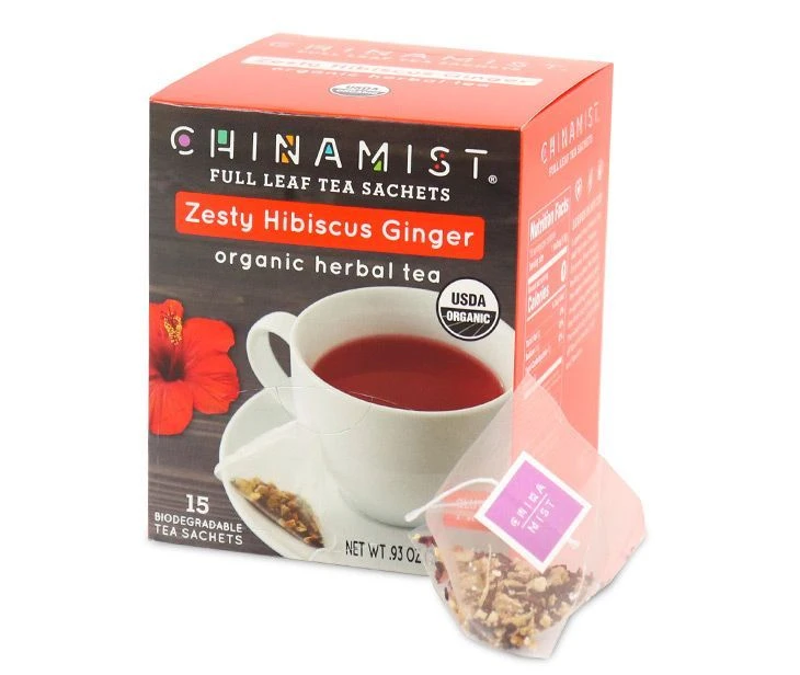 China Mist - Zesty Hibiscus Ginger Organic Black Full Leaf Tea Sachet, 15 Count Box - Biodegradable And Individually Wrapped